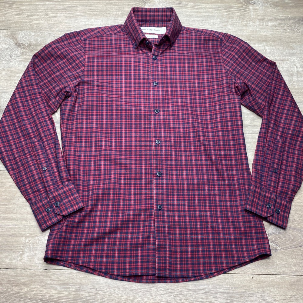 Mizzen+Main Mens Small Trim Fit Dress Shirt Red Navy Plaid Polyester Long Sleeve